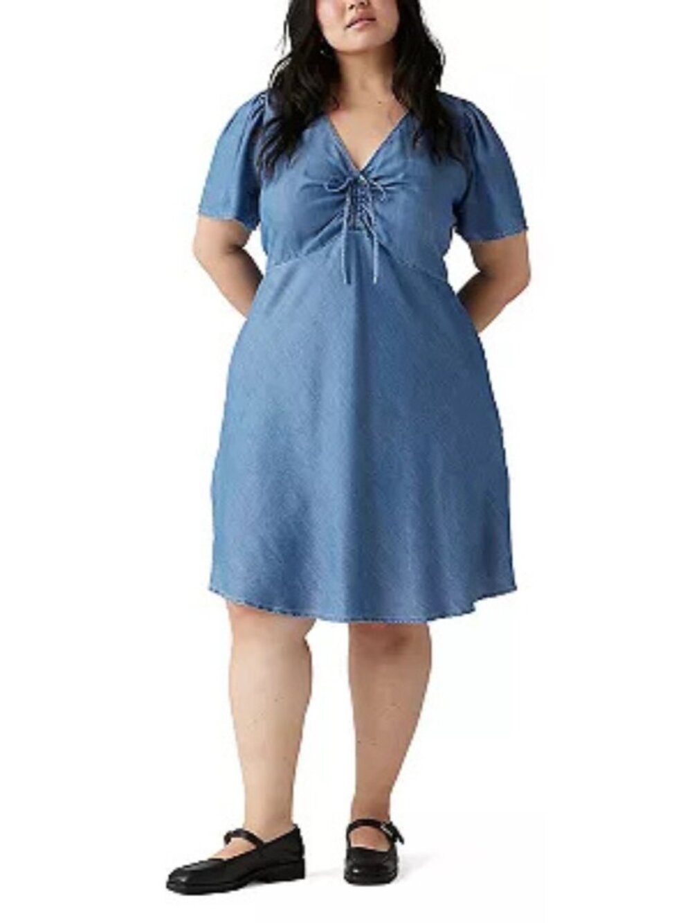 Levi's Delray Chambray Lyocell Mini Dress Puff Sleeve Tie Front Blue XL